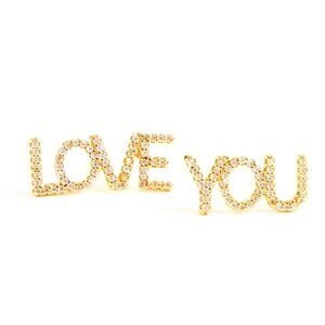 LOVE YOU Earrings Gold-Tone Studs Posts NEW SPARKLE Diamond Rhinestone Bling